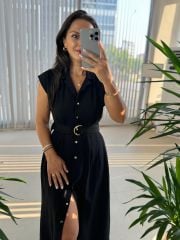 My 3536 Gold Düğmeli Pamuk Keten Siyah Elbise