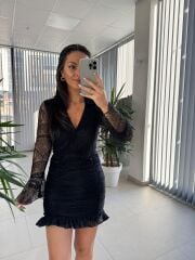 Mc 5834 Dantel Detaylı Drapeli Siyah Elbise