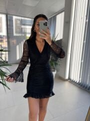 Mc 5834 Dantel Detaylı Drapeli Siyah Elbise