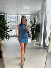 Cr 8504 Mavi Denim Kolsuz Elbise