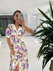 Ms 447 Mor Çiçekli Gömlek Yaka Detaylı Zarif Midi Elbise