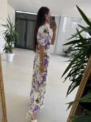 Ms 447 Mor Çiçekli Gömlek Yaka Detaylı Zarif Midi Elbise