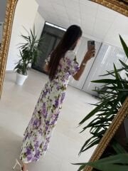 Ms 447 Mor Çiçekli Gömlek Yaka Detaylı Zarif Midi Elbise