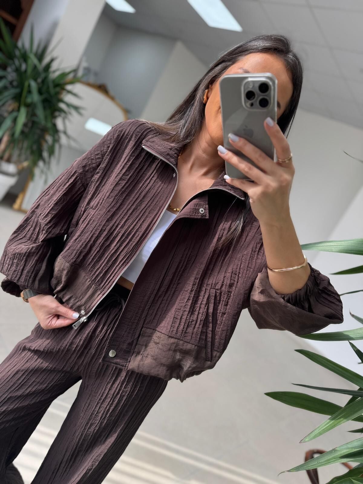 Nx 7166 Dantel Şifonlu Kahve Ceket Pantolon Takım