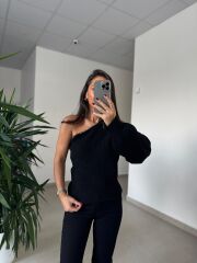 Nn 4433 Tek Omuz Boncuk Detaylı Siyah Triko Kazak