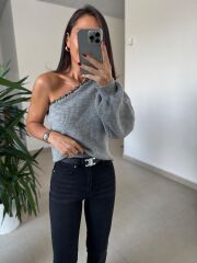 Nn 4433 Tek Omuz Boncuk Detaylı Gri Triko Kazak