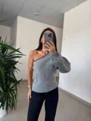 Nn 4433 Tek Omuz Boncuk Detaylı Gri Triko Kazak