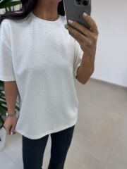 Ml 6693 Taş Detaylı Bisiklet Yaka Ekru Modal Tişört