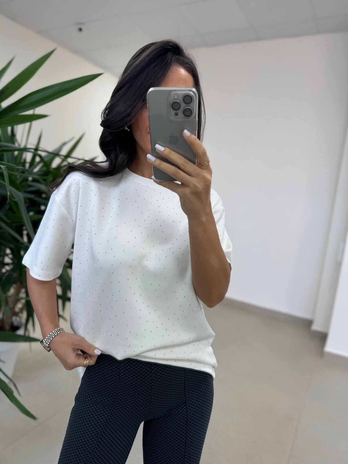 Ml 6693 Taş Detaylı Bisiklet Yaka Ekru Modal Tişört