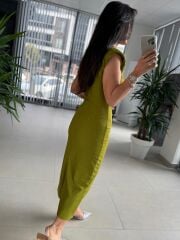 My 3708 Yağ Yeşili Taşlı Kalem Elbise