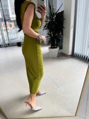 My 3708 Yağ Yeşili Taşlı Kalem Elbise