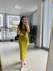 My 3708 Yağ Yeşili Taşlı Kalem Elbise