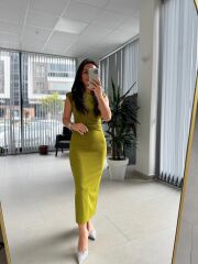 My 3708 Yağ Yeşili Taşlı Kalem Elbise