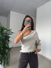 Nn 4433 Tek Omuz Boncuk Detaylı Vizon Triko Kazak