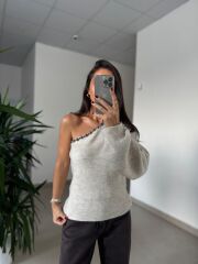 Nn 4433 Tek Omuz Boncuk Detaylı Vizon Triko Kazak