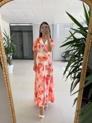 Ms 447 Nar Çiçeği Desenli Gömlek Yaka Detaylı Zarif Midi Elbise