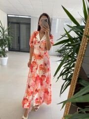 Ms 447 Nar Çiçeği Desenli Gömlek Yaka Detaylı Zarif Midi Elbise