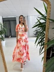 Ms 447 Nar Çiçeği Desenli Gömlek Yaka Detaylı Zarif Midi Elbise