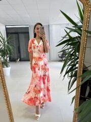 Ms 447 Nar Çiçeği Desenli Gömlek Yaka Detaylı Zarif Midi Elbise