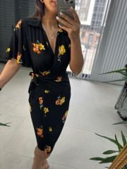 Mc 5865 Kruvaze Çiçekli Viskon Elbise