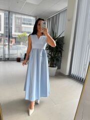 Dr 8419 Tasarım Bebe Mavi Kolsuz V Yaka Elbise