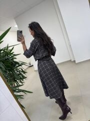 Ms 9418 Truvakar Kol Midi Bluzlu Kahve Elbise