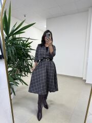 Ms 9418 Truvakar Kol Midi Bluzlu Kahve Elbise