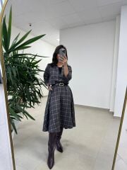 Ms 9418 Truvakar Kol Midi Bluzlu Kahve Elbise