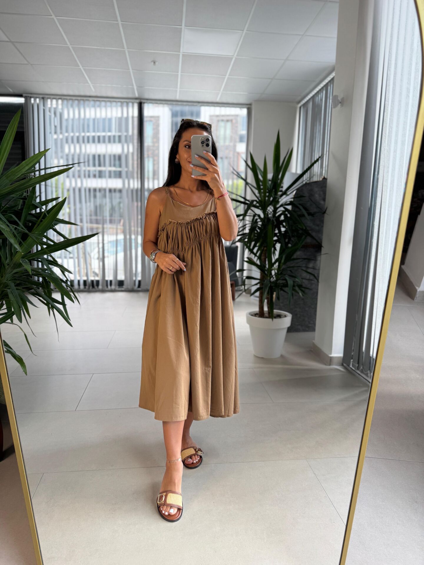 Cr 1617 Camel  Önden Büzgülü İp Askılı Elbise