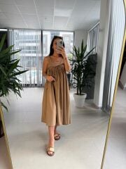 Cr 1617 Camel  Önden Büzgülü İp Askılı Elbise