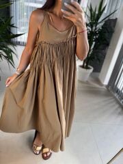 Cr 1617 Camel  Önden Büzgülü İp Askılı Elbise