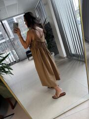 Cr 1617 Camel  Önden Büzgülü İp Askılı Elbise
