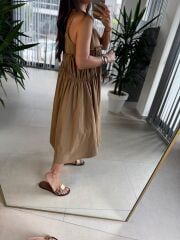 Cr 1617 Camel  Önden Büzgülü İp Askılı Elbise