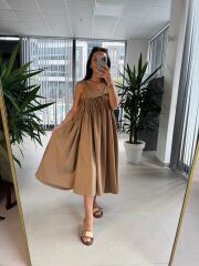 Cr 1617 Camel  Önden Büzgülü İp Askılı Elbise