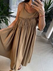 Cr 1617 Camel  Önden Büzgülü İp Askılı Elbise