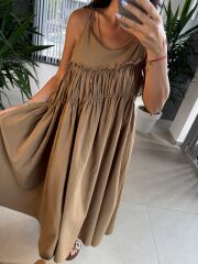 Cr 1617 Camel  Önden Büzgülü İp Askılı Elbise