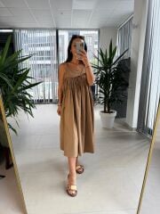 Cr 1617 Camel  Önden Büzgülü İp Askılı Elbise