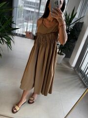 Cr 1617 Camel  Önden Büzgülü İp Askılı Elbise