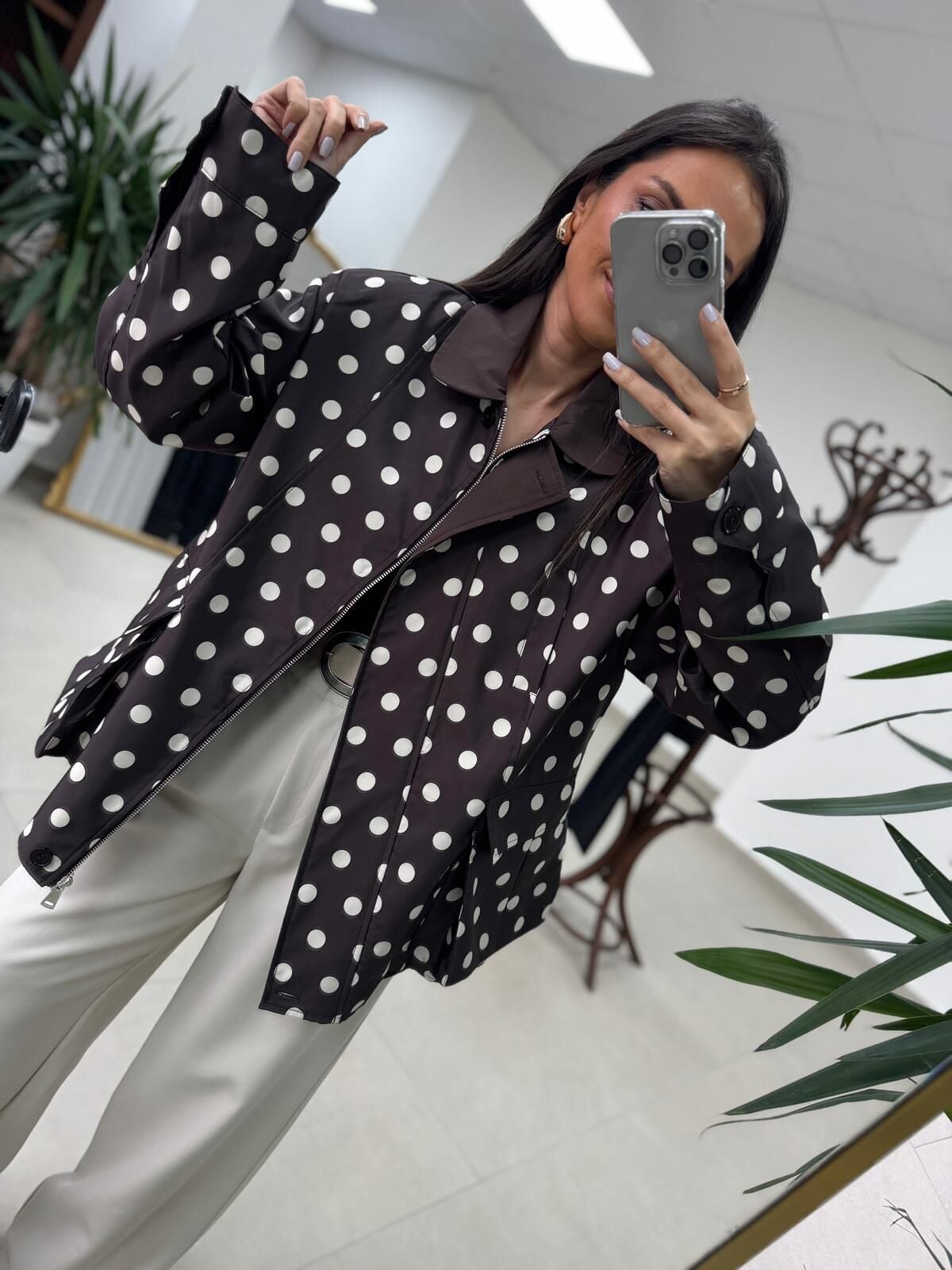 Nx 7180 Kahve - Ekru Puantiyeli Trenç Mont