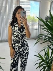 Mc 4045 Jacket Collar Ethnic Pattern Black Jumpsuit