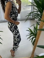 Mc 4045 Jacket Collar Ethnic Pattern Black Jumpsuit