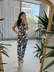 Mc 4045 Jacket Collar Ethnic Pattern Black Jumpsuit
