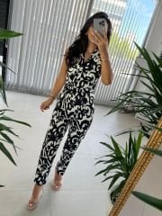 Mc 4045 Jacket Collar Ethnic Pattern Black Jumpsuit