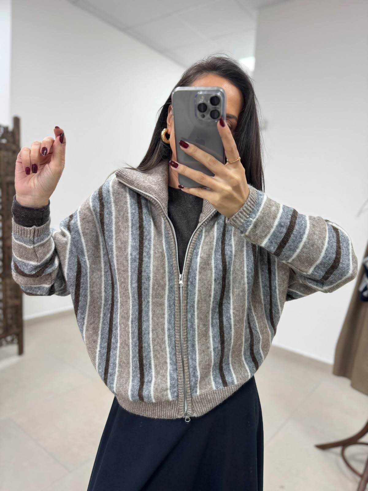 Qs 1048 Premium Çift Fermuarlı Large Bej Çizgili Hırka