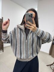 Qs 1048 Premium Çift Fermuarlı Large Bej Çizgili Hırka