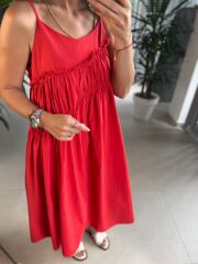 Cr 1617 Kırmızı Önden Büzgülü İp Askılı Elbise