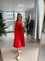 Cr 1617 Kırmızı Önden Büzgülü İp Askılı Elbise