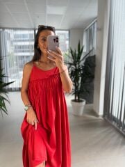 Cr 1617 Kırmızı Önden Büzgülü İp Askılı Elbise