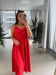 Cr 1617 Kırmızı Önden Büzgülü İp Askılı Elbise