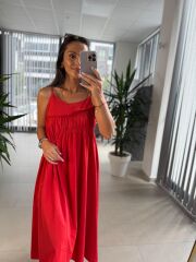 Cr 1617 Kırmızı Önden Büzgülü İp Askılı Elbise